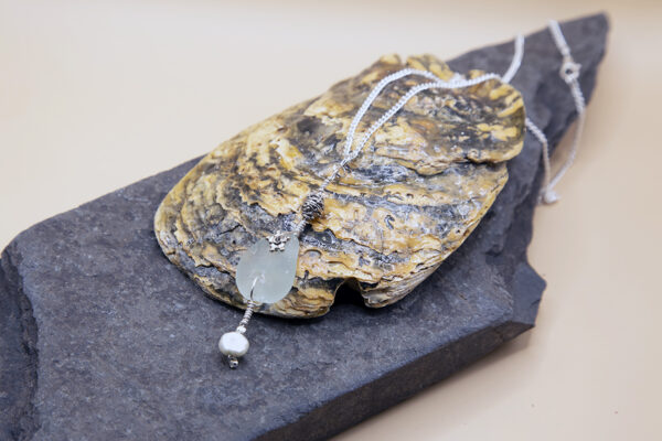 Blue Sea Glass and Freshwater Pearl Droplet pendant