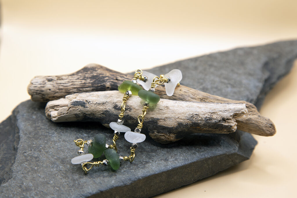 Emerald Green and White Sea Glass Bracelet