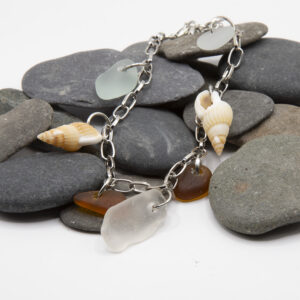 Blue, Amber and White Sea Glass bracelet with shells