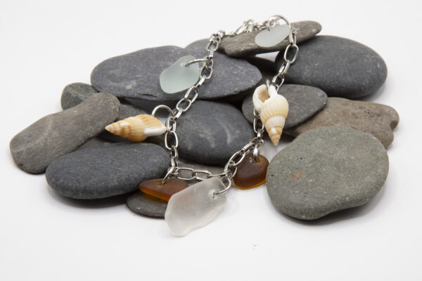 Blue, Amber and White Sea Glass bracelet with shells