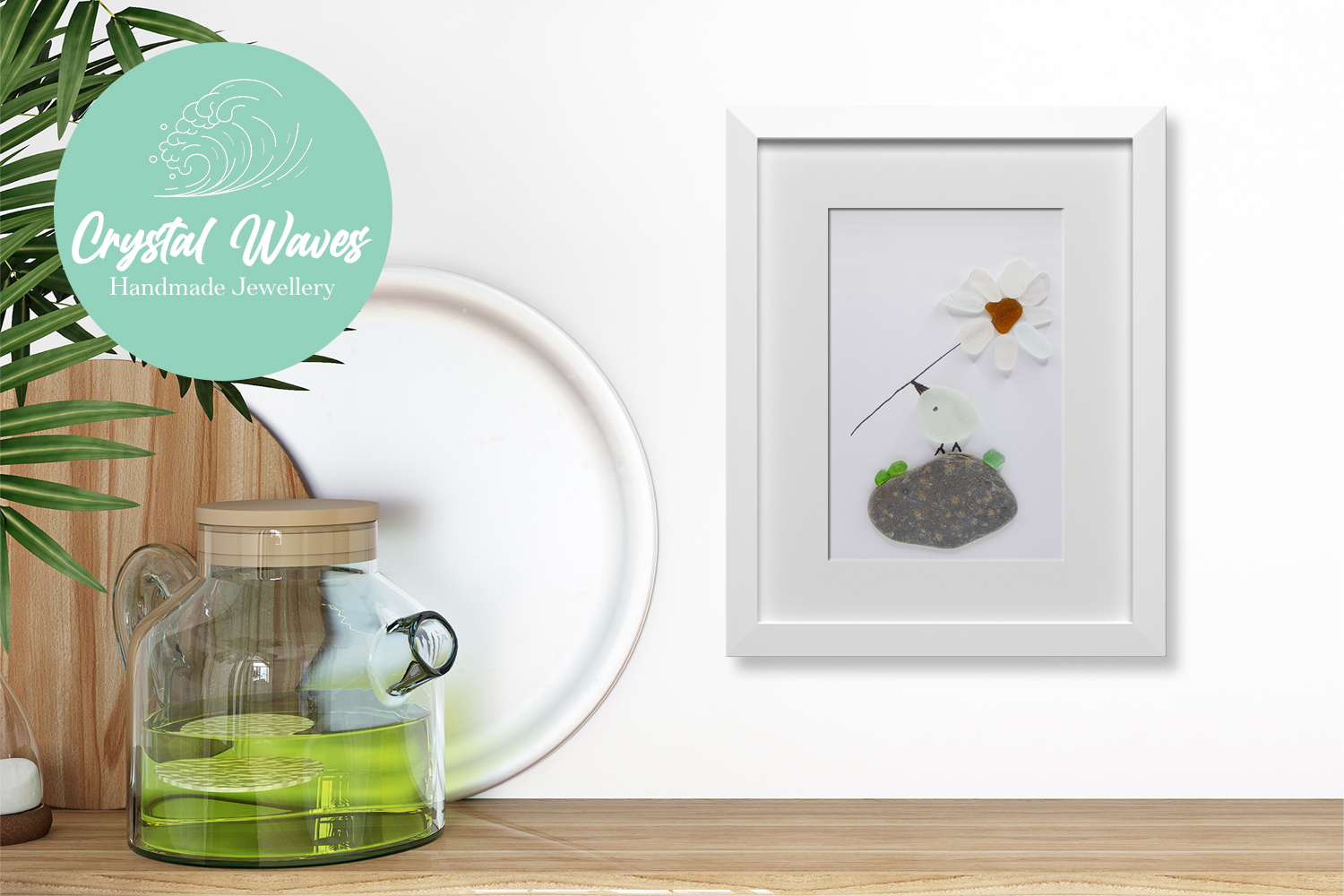 Sea Glass Bird on Rock With Flower