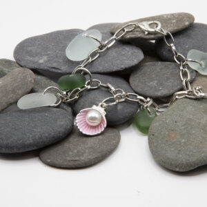 Green, Blue and White Sea Glass Bracelet with Pear Shell Charm