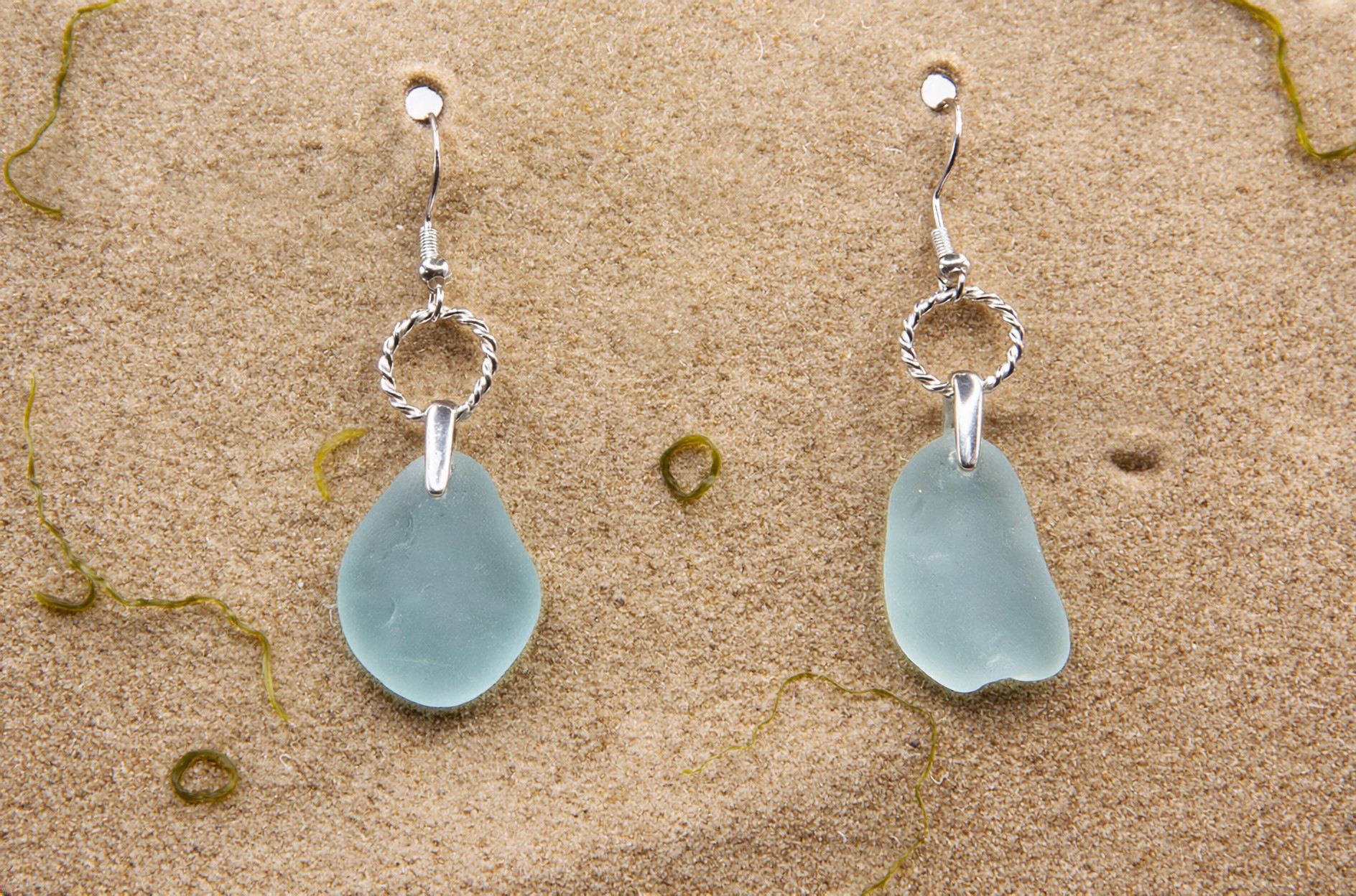 BLUE SEAGLASS AND SILVER EARRINGS