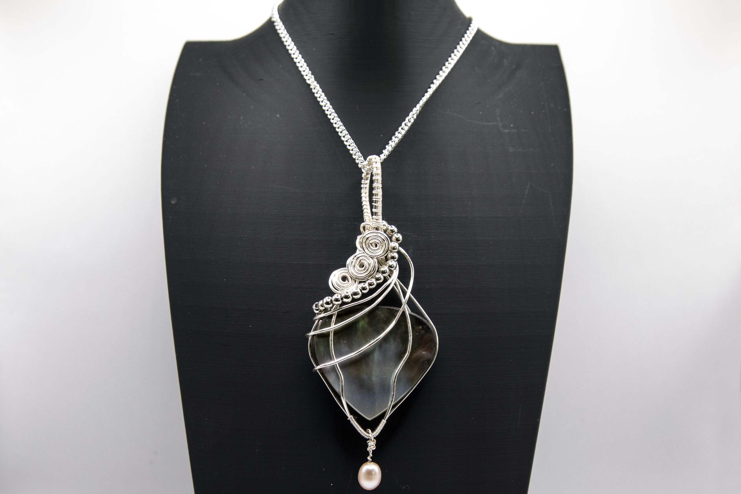 Black Mother of Pearl & Freshwater Pearl Wire-Wrapped Pendant Necklace
