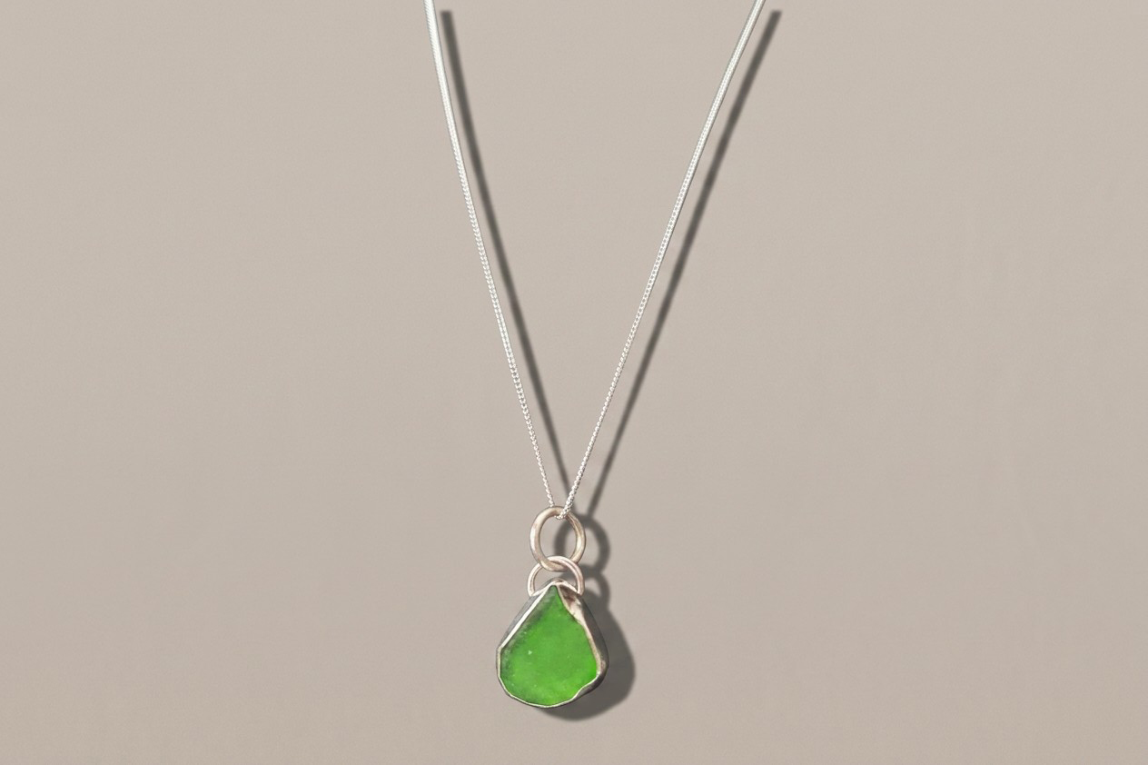 BRIGHT GREEN SEA GLASS IN SILVER