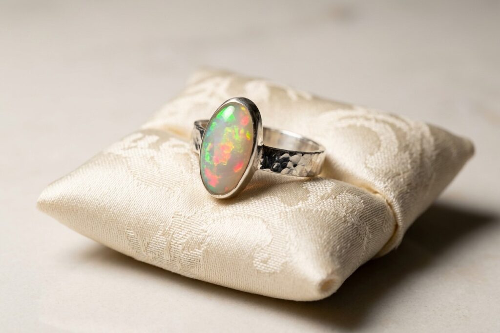 OPAL RING, OVAL OPAL SET IN FINE AND STERLING SILVER WITH HAND CRAFTED SHANK AND BEZEL