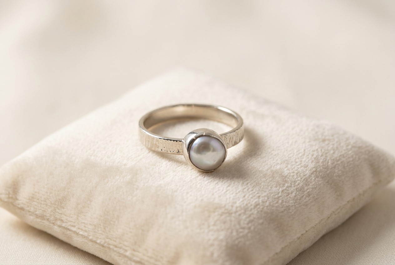 Handmade freshwater pearl ring with a natural lustrous pearl in fine silver and an organic textured sterling silver shank.