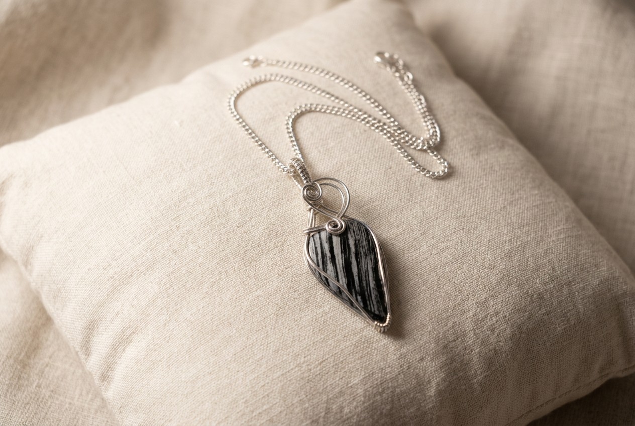 Silver Leaf Obsidian necklace featuring a natural black leaf-shaped stone wrapped in silver-plated wire with an 18-inch chain.
