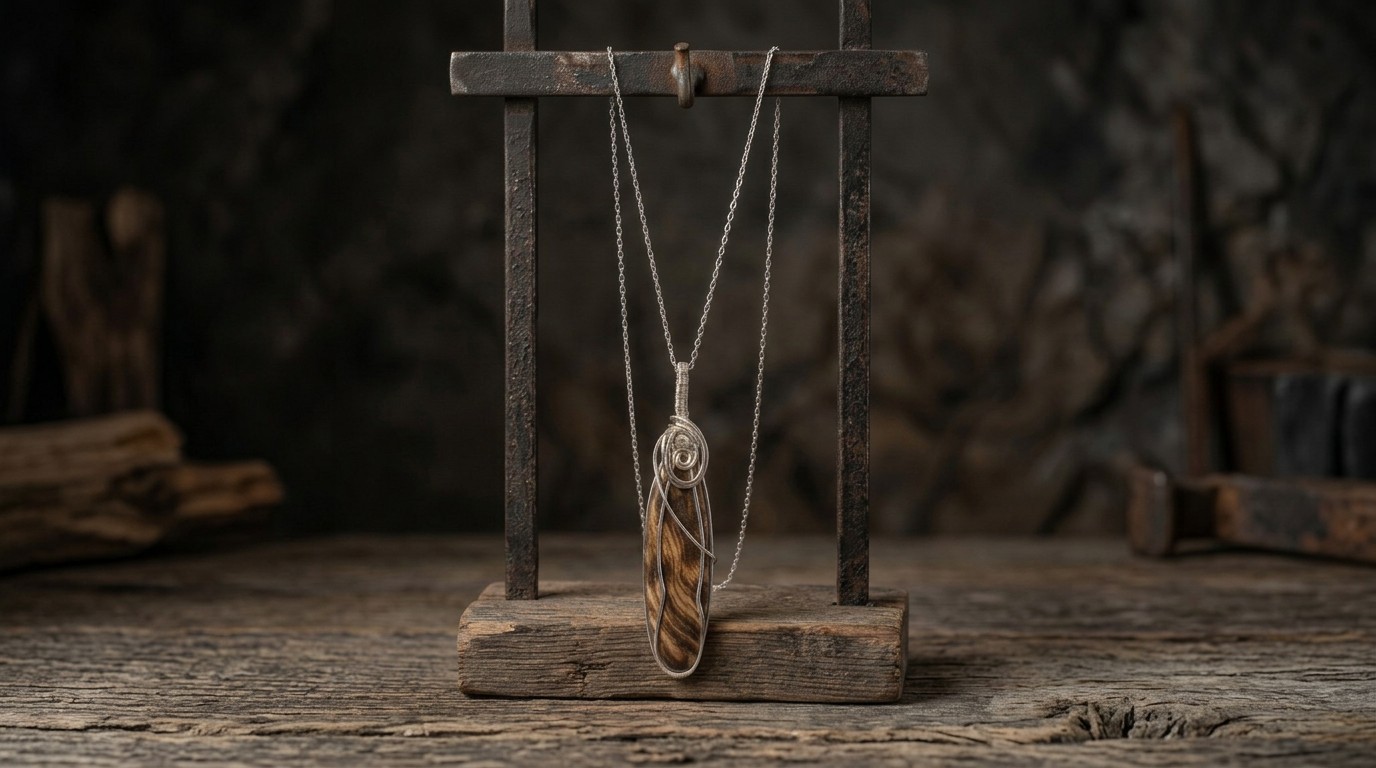 Long oval petrified wood necklace set in silver wire on an 18-inch chain.