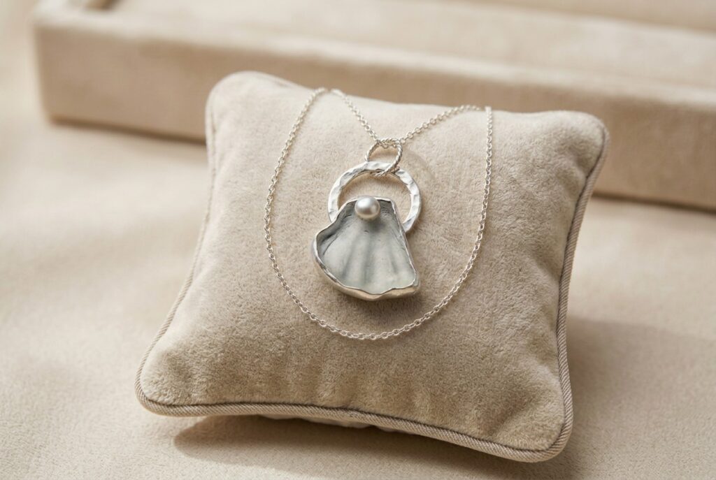 Unique Cornish sea glass necklace with a naturally shell-shaped piece set in sterling silver on an 18-inch chain.