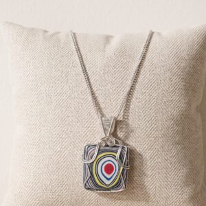 Square genuine Fordite pendant with colourful layered automotive paint, wrapped in silver-plated wire and supplied with a 20-inch chain.